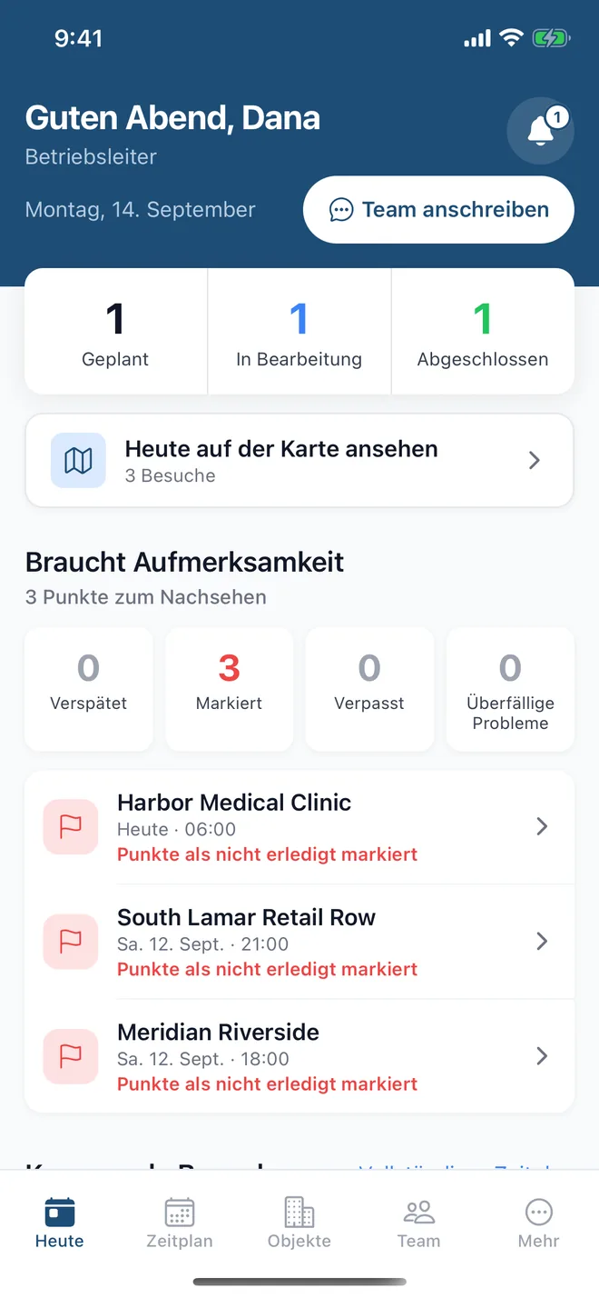 Dieselbe App aus Sicht des Inhabers: die Besuche von heute, was Aufmerksamkeit braucht, und eine Schaltfläche für eine Nachricht an das Team