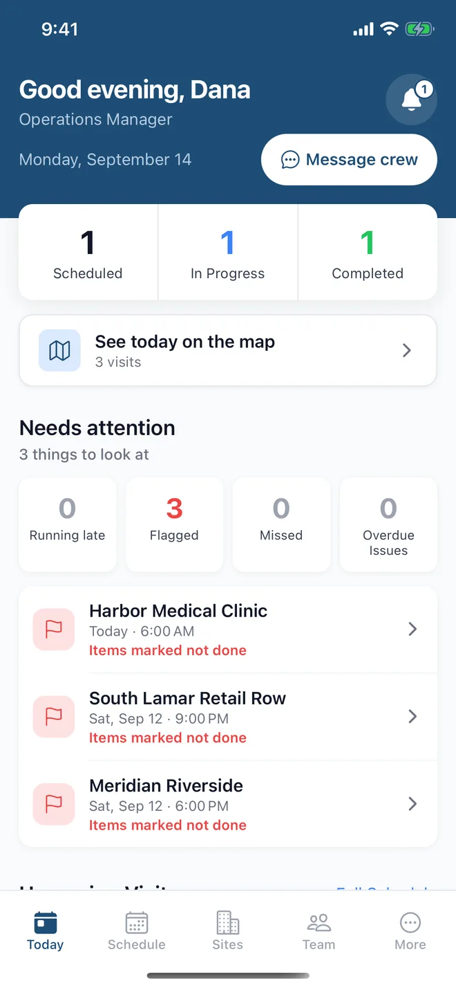 The owner's view of the same app: today's visits, what needs attention and a button to message the crew
