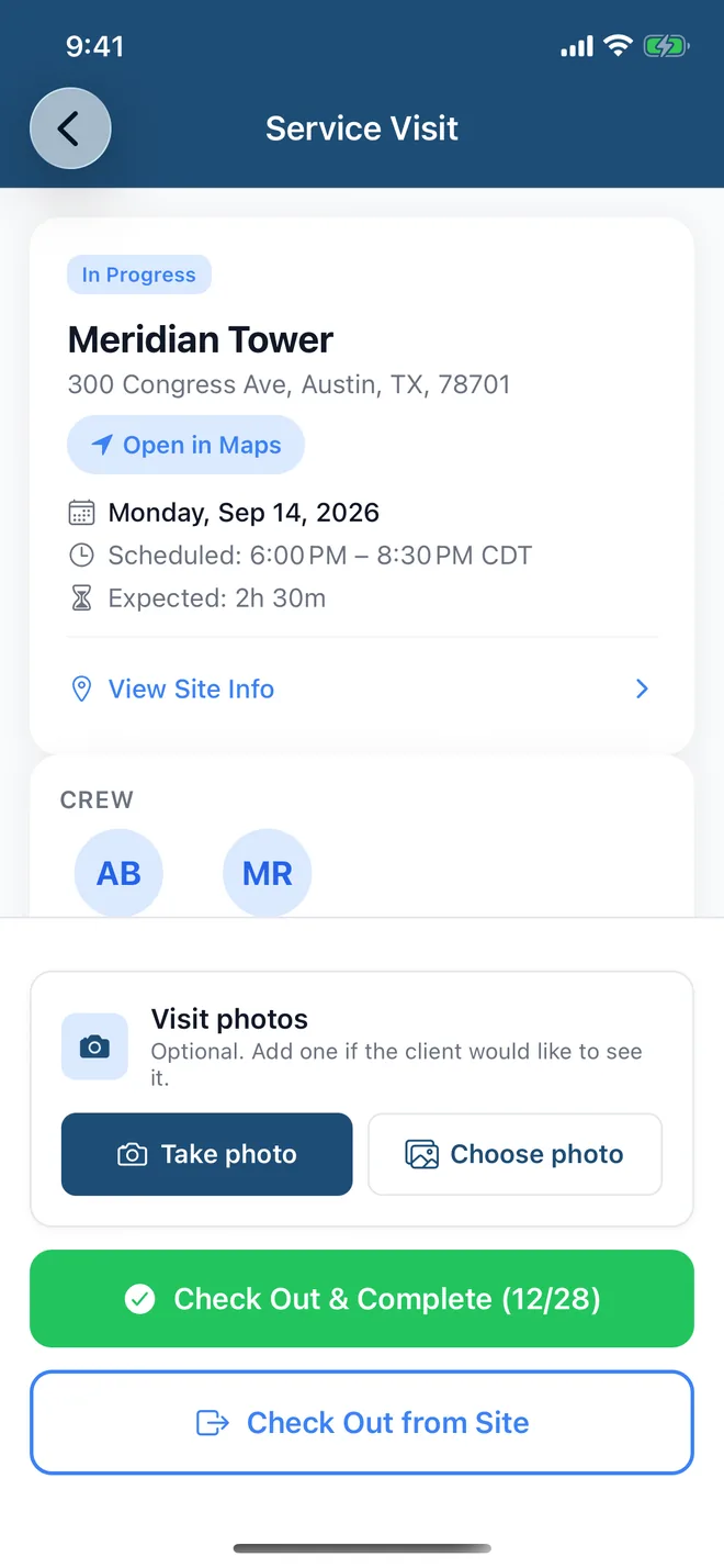 Crew app job card for Meridian Tower: address with directions, the time window, how to get in with the door and alarm codes, optional photos and check-out