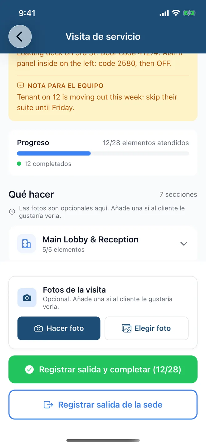 Lista de tareas por zona con el avance y un aviso de que las fotos son opcionales
