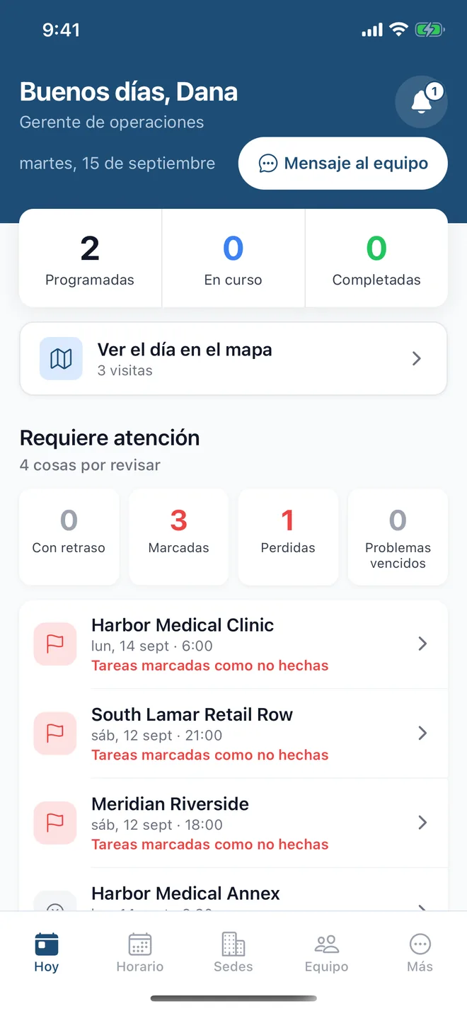 La misma app vista por el dueño: las visitas de hoy, lo que requiere atención y un botón para escribir al equipo