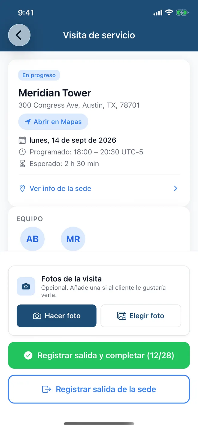 Hoja de servicio con la dirección, los códigos de la puerta y la alarma y las fotos opcionales