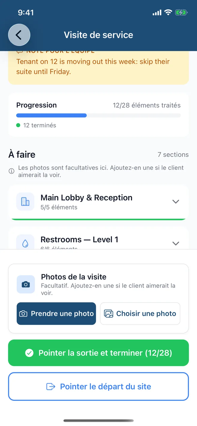 Checklist par zone avec la progression et un rappel que les photos sont facultatives
