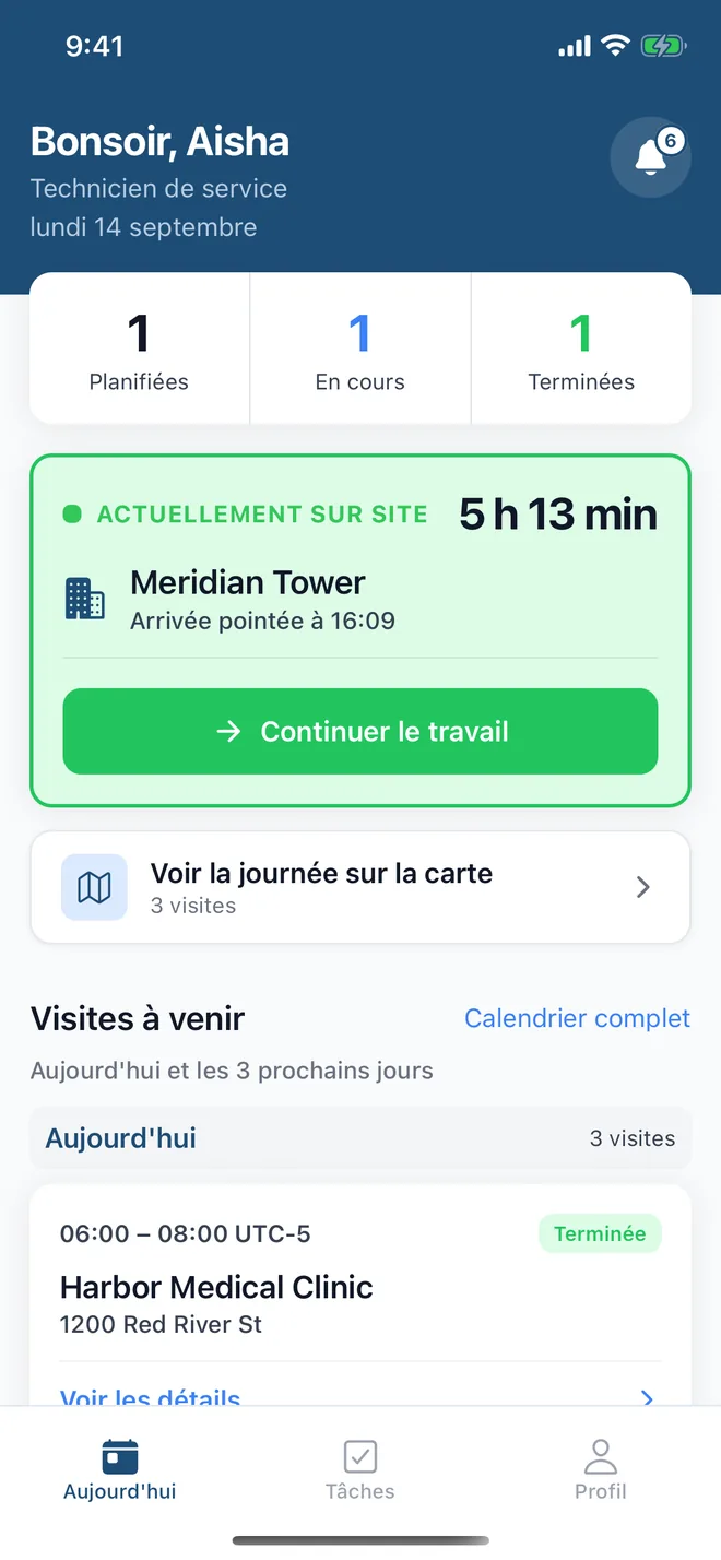 Accueil de l'application : l'agent est sur site, arrivée pointée, avec les interventions du jour en dessous