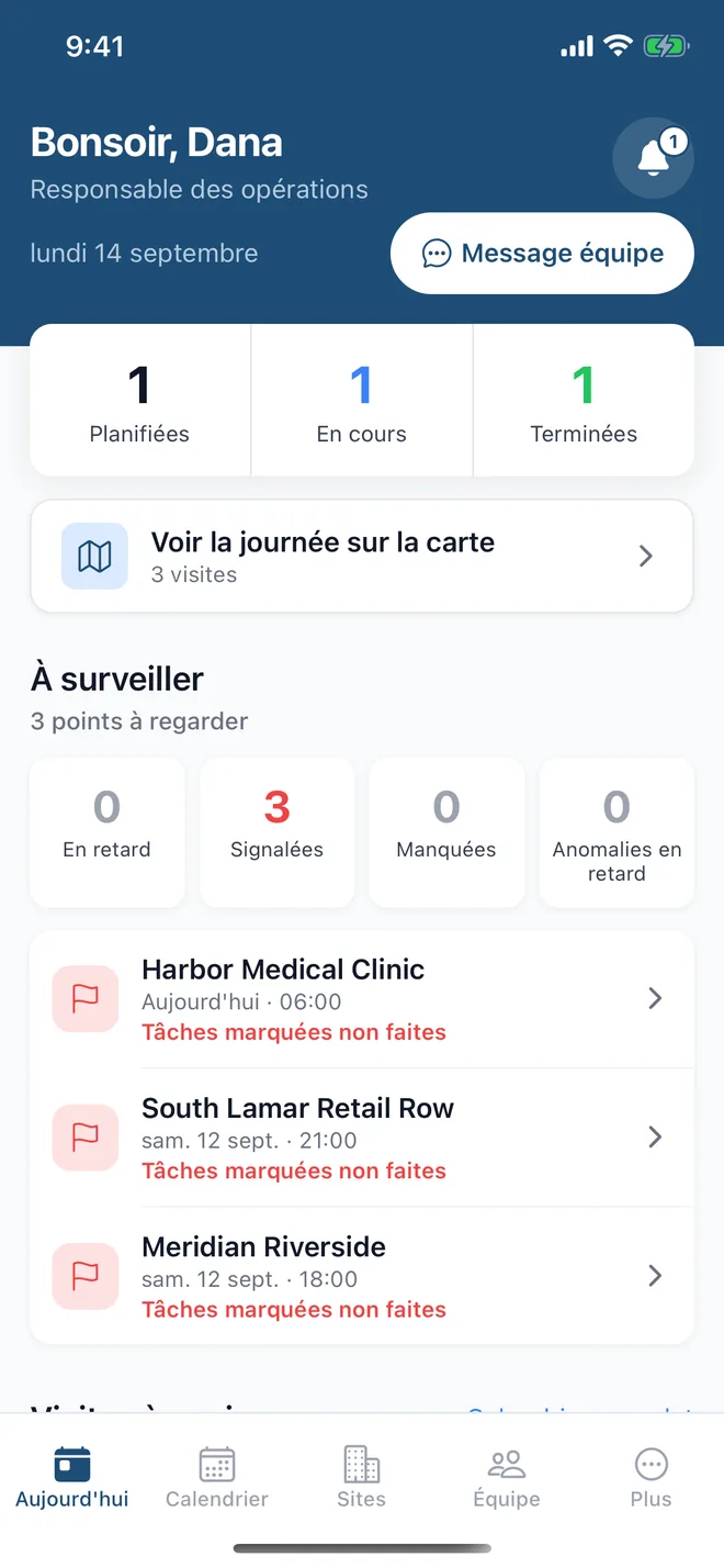 La même application côté gérant : les visites du jour, les points à surveiller et un bouton pour écrire à l'équipe