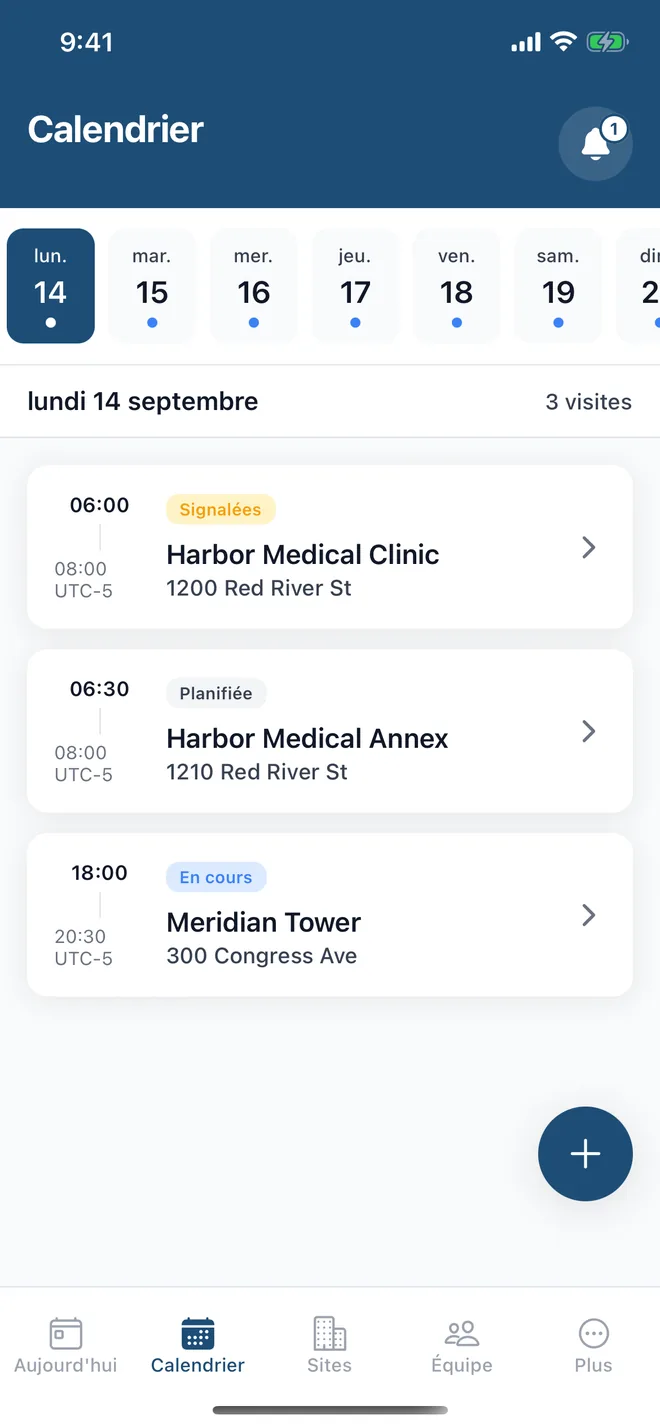 Le planning du gérant dans l'app : les interventions du jour avec leurs créneaux et adresses, et un bouton pour ajouter une intervention