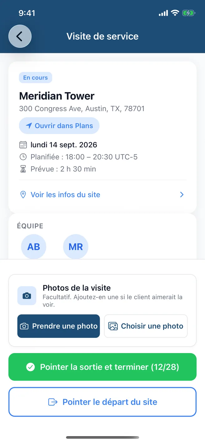 Fiche d'intervention avec l'adresse, les codes de la porte et de l'alarme et les photos facultatives