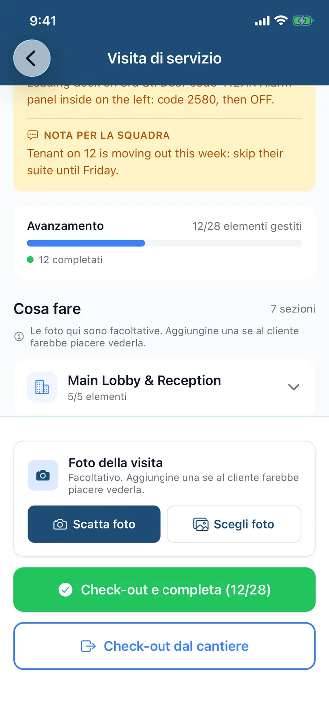Checklist per zona con l'avanzamento e un avviso che le foto sono facoltative