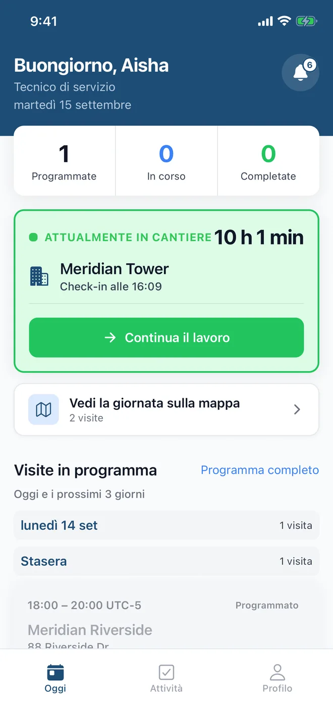 Home dell'app: l'addetto è in cantiere, con il check-in fatto e gli interventi di oggi sotto