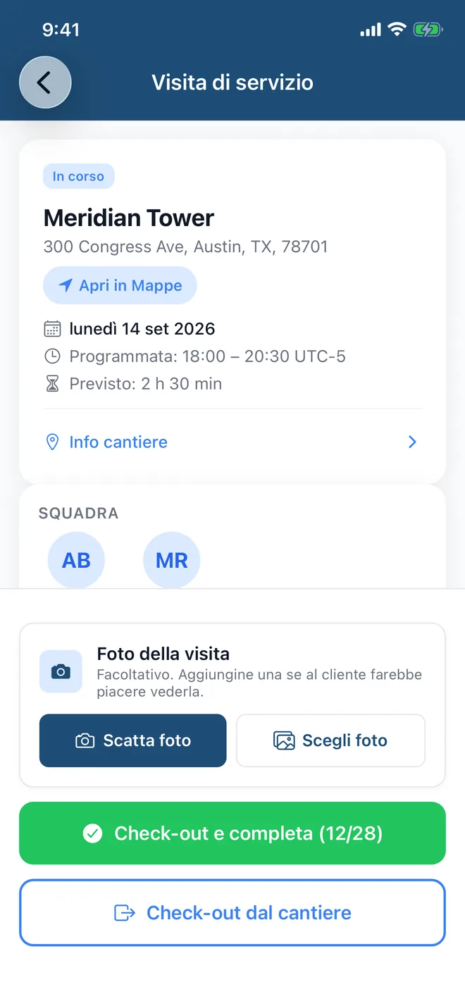 Scheda intervento con l'indirizzo, i codici della porta e dell'allarme e le foto facoltative