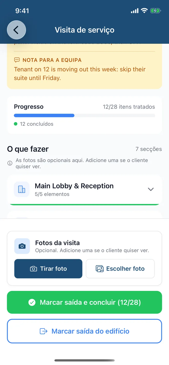 Checklist por zona com o progresso e uma nota de que as fotos são opcionais