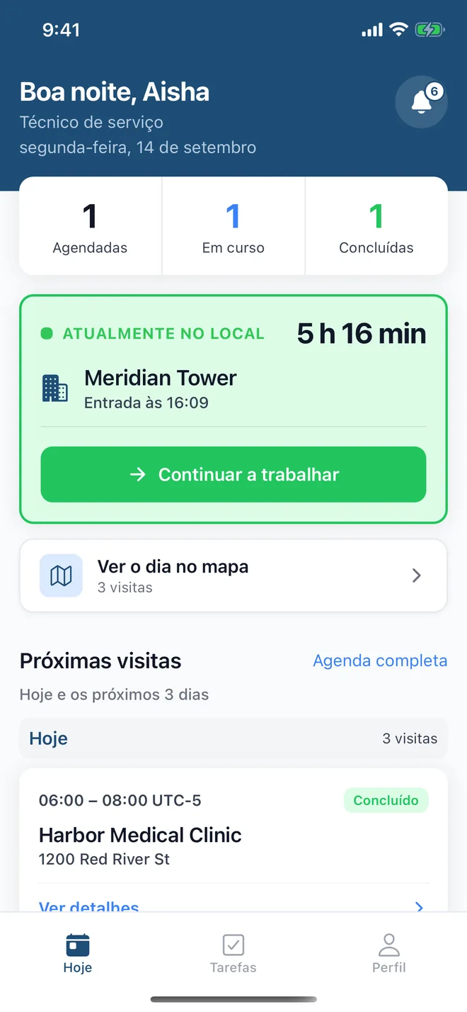 Início da app: a pessoa está no Meridian Tower, com entrada registada às 16:09 e as visitas de hoje em baixo