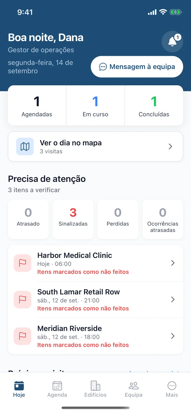 A mesma app vista pelo dono: as visitas de hoje, o que precisa de atenção e um botão para escrever à equipa