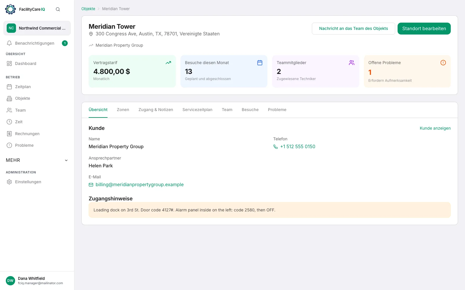 Objektseite mit monatlichem Vertragspreis, Besuchen in diesem Monat, zugewiesenem Team, Ansprechpartner beim Kunden sowie Tür- und Alarmcode