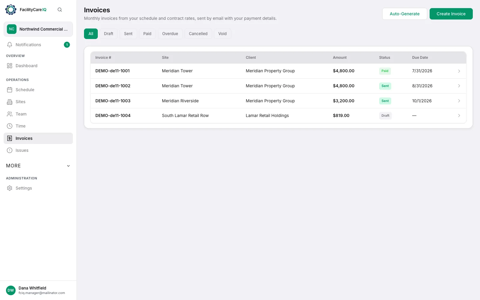 Invoice list: one invoice per site and month, marked paid, sent or draft, with amounts and due dates