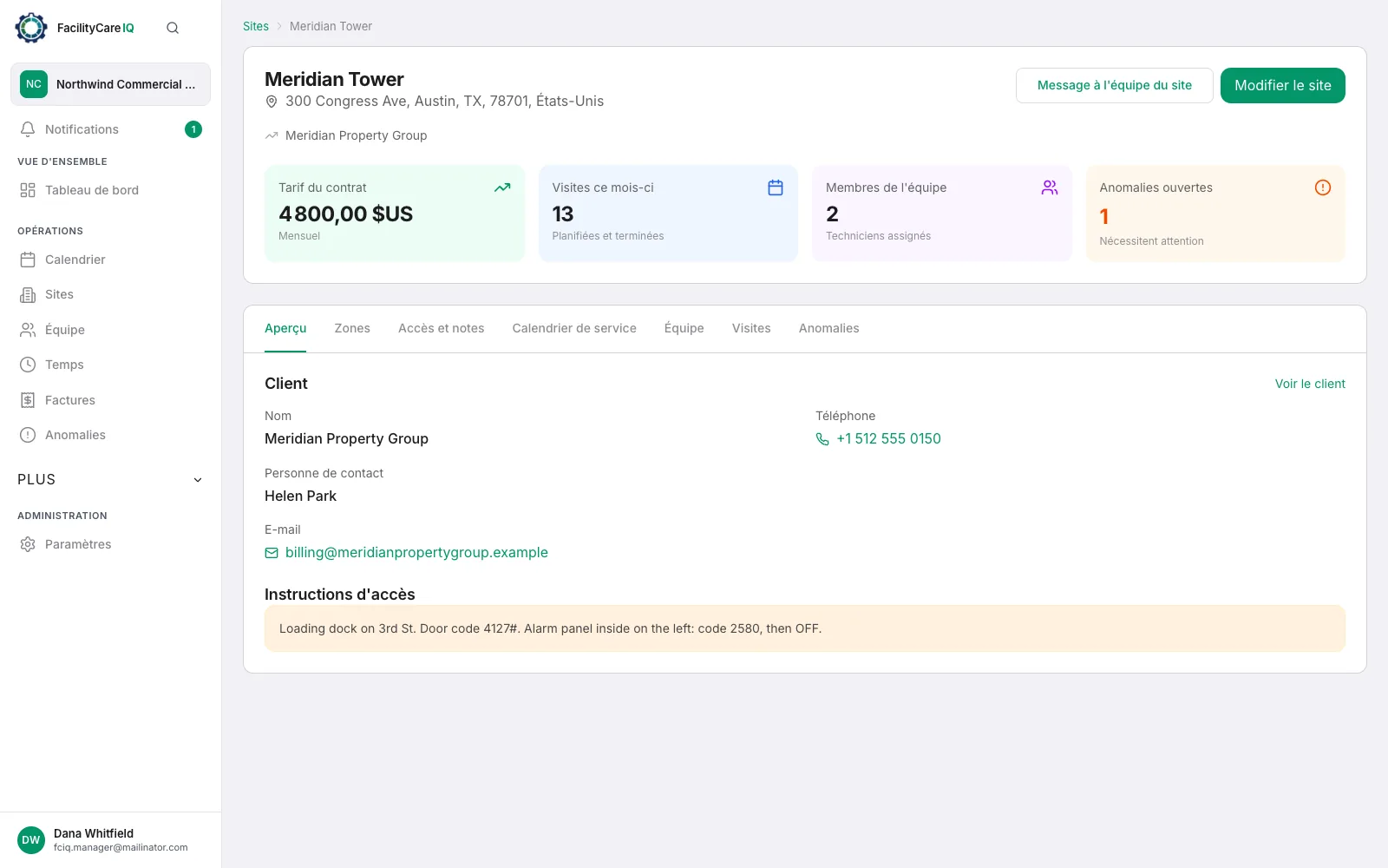Fiche d'un site avec le tarif mensuel du contrat, les visites du mois, l'équipe affectée, le contact du client et les codes de la porte et de l'alarme